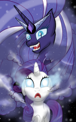 Size: 1000x1600 | Tagged: safe, artist:theroyalprincesses, nightmare rarity, rarity, pony, unicorn, fangs, glowing eyes, open mouth, possessed, raised hoof, self paradox