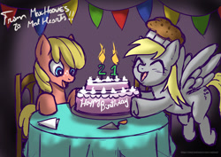 Size: 1280x906 | Tagged: safe, artist:rambon7, derpy hooves, oc, oc:mal hearts, pegasus, pony, birthday, birthday cake, birthday candles, cake, chair, cute, food, freckles, happy, hat, muffin, napkin, table