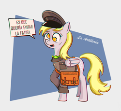Size: 1900x1750 | Tagged: safe, artist:la artillería, derpy hooves, pegasus, pony, abstract background, chromatic aberration, el chavo del 8, female, jaimito, latin american, mailmare, mare, mexico, open mouth, postman, postman's hat, simple background, solo, spanish, tangamandapio