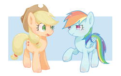 Size: 1280x805 | Tagged: safe, artist:sa-eku, derpibooru import, applejack, rainbow dash, earth pony, pegasus, pony, appledash, cowboy hat, female, hat, lesbian, mare, shipping, simple background