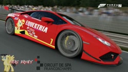 Size: 480x270 | Tagged: safe, artist:forzaveteranenigma, sunset shimmer, pony, fanfic:equestria motorsports, car, circuit de spa francorchamps, driving, forza motorsport 7, lamborghini, lamborghini huracan, photo, racing