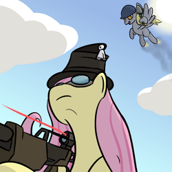 Size: 2560x2560 | Tagged: safe, artist:phat_guy, derpibooru exclusive, derpy hooves, fluttershy, pegasus, pony, cloud, female, ghostly gibus, gibus, gun, hat, helmet, hoof hold, impending doom, low angle, mare, market gardener, oblivious, pyrovision goggles, rifle, rocket jump, shovel, smiling, sniper, sniper rifle, soldier, sun, team fortress 2, the classic, weapon