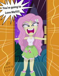 Size: 3266x4182 | Tagged: safe, artist:sumin6301, fluttershy, equestria girls, the best night ever, boots, clothes, equestria girls interpretation, flutterrage, miniskirt, scene interpretation, shoes, skirt, socks, solo, tanktop, torn clothes, you're going to love me