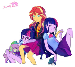 Size: 1280x1133 | Tagged: safe, artist:crangeat, sci-twi, spike, spike the regular dog, sunset shimmer, twilight sparkle, dog, better together, equestria girls, female, lesbian, scitwishimmer, shipping, sunset twiangle, sunsetsparkle