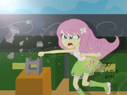 Size: 2000x1500 | Tagged: safe, artist:sumin6301, fluttershy, equestria girls, angry, boots, cinder block, clothes, flutterrage, high heel boots, karate, lens flare, punch, raised leg, skirt, socks, solo, tanktop