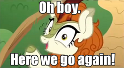 Size: 600x331 | Tagged: safe, edit, edited screencap, screencap, autumn blaze, kirin, sounds of silence, caption, female, here we go again, image macro, looking at you, oh boy here we go, raised hoof, reaction image, solo, text