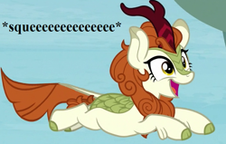 Size: 704x448 | Tagged: safe, edit, edited screencap, screencap, autumn blaze, kirin, sounds of silence, awwtumn blaze, cropped, cute, flipped image, leaping, squee