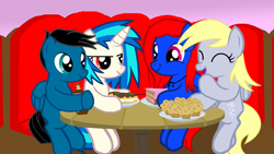 Size: 3840x2160 | Tagged: safe, artist:agkandphotomaker2000, derpy hooves, dj pon-3, vinyl scratch, oc, oc:pony video maker, oc:sapphire note, pony, cake, canon x oc, dessert, double date, food, muffin, restaurant, sugarcube corner, sugarcube corner (interior), videoscratch