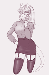 Size: 2129x3271 | Tagged: safe, artist:askbubblelee, oc, oc only, oc:rosie quartz, anthro, unicorn, adorasexy, anthro oc, big breasts, breasts, clothes, curved horn, curvy, cute, female, garter belt, glasses, hand on cheek, hand on hip, horn, hot for teacher, leonine tail, mare, meganekko, miniskirt, monochrome, ocbetes, ponytail, sexy, simple background, sketch, skirt, solo, teacher, thighs, what if, white background, wide hips, zettai ryouiki