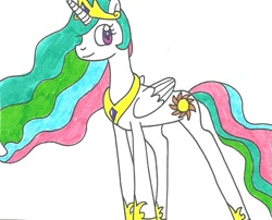 Size: 987x799 | Tagged: safe, artist:cmara, princess celestia, alicorn, pony, female, horn, mare, multicolored mane, solo, traditional art, white coat