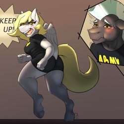 Size: 4000x4000 | Tagged: safe, artist:sintacle, derpy hooves, thunderlane, anthro, unguligrade anthro, angry, blushing, duo, female, male, scrunchy face, shout, training, us army, workout