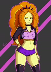 Size: 1280x1811 | Tagged: safe, artist:rambon7, editor:needed, adagio dazzle, better together, equestria girls, sunset's backstage pass!, abstract background, belly button, boots, booty shorts, bracelet, breasts, clothes, cocked hip, delicious flat chest, eyelashes, eyeshadow, female, flatdagio dazzle, hairband, hand on hip, jewelry, lidded eyes, makeup, midriff, raised eyebrow, shoes, short shirt, small breasts, solo, thigh boots, thighs, wide hips