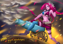 Size: 4092x2893 | Tagged: safe, artist:zakurarain, pinkie pie, anthro, cannon, human facial structure, jinx (league of legends), league of legends, pinkamena diane pie, solo