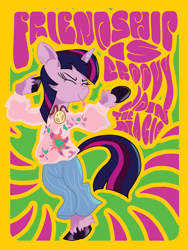 Size: 768x1024 | Tagged: safe, artist:archonix, derpibooru import, twilight sparkle, pony, unicorn, 60s, bipedal, clothes, dancing, eyes closed, female, groovy, hippie, mare, peace sign, poster, psychedelic, solo, unshorn fetlocks