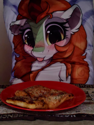 Size: 1440x1910 | Tagged: safe, artist:rileyisherehide, autumn blaze, kirin, :p, awwtumn blaze, blushing, body pillow, chest fluff, cute, ear fluff, floppy ears, food, hoof fluff, irl, photo, pizza, smiling, solo, tongue out, waifu dinner