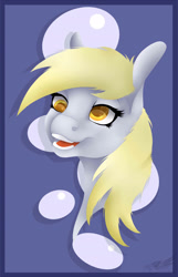 Size: 1233x1920 | Tagged: safe, artist:toxicartiststudio, derpy hooves, pony, bubble, bust, cross-eyed, fanart, female, open mouth, smiling, solo