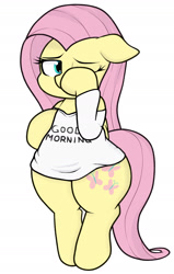 Size: 1045x1648 | Tagged: safe, artist:blitzyflair, fluttershy, pegasus, pony, bipedal, clothes, cute, female, floppy ears, mare, morning ponies, shirt, simple background, solo, white background, wide hips