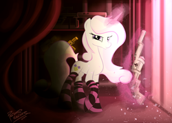 Size: 2064x1480 | Tagged: safe, artist:pedrohander, derpibooru import, fleur-de-lis, pony, unicorn, clothes, gun, socks, solo, striped socks, weapon