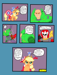 Size: 1634x2145 | Tagged: safe, artist:oneovertwo, applejack, earth pony, pony, blue's clues, buttercup, captain america, comic, crossover, dc comics, lex luthor, marvel, megaman, proto man, simpsons did it, the simpsons, ultra magnus, wat