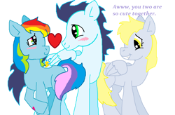 Size: 1051x688 | Tagged: safe, artist:cargirl9, derpy hooves, rainbow dash, soarin', pegasus, pony, female, male, shipper on deck, shipping, soarindash, straight