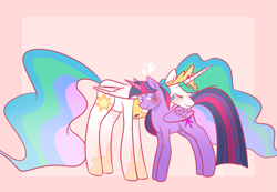 Size: 1459x1010 | Tagged: safe, artist:waackery, princess celestia, twilight sparkle, twilight sparkle (alicorn), alicorn, pony, blushing, eyes closed, female, heart, jewelry, lesbian, neck hug, regalia, shipping, smiling, twilestia