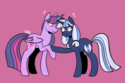 Size: 1484x989 | Tagged: safe, artist:waackery, twilight sparkle, twilight sparkle (alicorn), oc, oc:silverlay, alicorn, pony, unicorn, duo, looking at each other, one eye closed, pink background, purple background, raised hoof, simple background