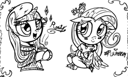 Size: 1000x604 | Tagged: safe, artist:daniel-sg, fluttershy, rarity, pegasus, pony, unicorn, beatnik rarity, beret, bipedal, clothes, coffee, duo, hat, monochrome, scarf