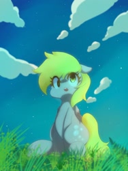Size: 1536x2048 | Tagged: safe, artist:koto, derpy hooves, pegasus, pony, cloud, cute, female, grass, mare, open mouth, pixiv, solo