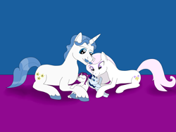 Size: 3328x2496 | Tagged: safe, artist:allonsbro, derpibooru import, fancypants, fleur-de-lis, glory, oc, oc:glory, oc:valor, unicorn, bedroom eyes, eyes closed, fancyfleur, female, hug, male, next generation, nuzzling, offspring, open mouth, parent:fancypants, parent:fleur-de-lis, parents:fancyfleur, prone, shipping, sleeping, smiling, straight