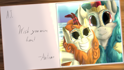 Size: 2443x1375 | Tagged: safe, artist:firefanatic, autumn blaze, rain shine, kirin, beach, big grin, crown, cute, fluffy, grin, jewelry, picture, postcard, regalia, selfie, smiling, text