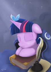 Size: 2500x3500 | Tagged: safe, artist:deltalinwie, derpibooru import, twilight sparkle, butterfly, blanket, book, quill, sleeping, solo