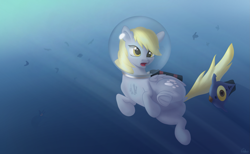 Size: 3311x2038 | Tagged: safe, artist:coldmix, derpy hooves, fish, pony, dock, frog (hoof), helmet, oxygen tank, peeper (subnautica), reaper leviathan, solo, subnautica, swimming, underhoof, underwater, when you see it