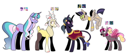 Size: 3600x1611 | Tagged: safe, artist:waackery, oc, oc only, oc:beauty mask, oc:eris, oc:salir, oc:star twinkle, oc:tailypo, hybrid, interspecies offspring, magical lesbian spawn, offspring, parent:ahuizotl, parent:daring do, parent:discord, parent:fluttershy, parent:princess cadance, parent:princess celestia, parent:queen chrysalis, parent:twilight sparkle, parents:cadalis, parents:darizotl, parents:discoshy, parents:twilestia