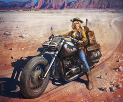 Size: 3000x2497 | Tagged: safe, artist:vombavr, applejack, rarity, human, desert, gun, humanized, lever action rifle, looking at you, motorcycle, realistic, rifle, scenery, solo