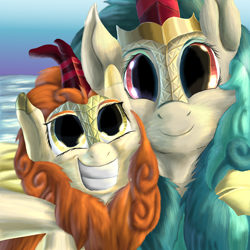 Size: 2168x2168 | Tagged: safe, artist:firefanatic, autumn blaze, rain shine, kirin, beach, big grin, crown, cute, fluffy, grin, jewelry, regalia, selfie, smiling