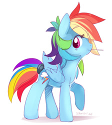 Size: 650x725 | Tagged: safe, artist:ende26, derpibooru import, rainbow dash, pegasus, pony, alternate hairstyle, looking at you, raised hoof, smiling, solo