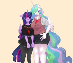 Size: 1280x1109 | Tagged: safe, artist:pettankochanv, princess celestia, twilight sparkle, twilight sparkle (alicorn), alicorn, anthro, blushing, breasts, clothes, female, hot for teacher, princess breastia