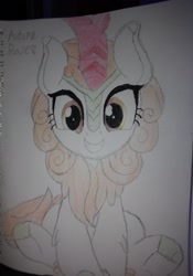 Size: 1802x2576 | Tagged: safe, artist:scottishlunaripoff, autumn blaze, kirin, awwtumn blaze, big eyes, cute, horn, pencil drawing, simple background, solo, traditional art, white background