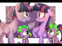 Size: 1214x900 | Tagged: safe, artist:emositecc, artist:riukime, barb, dusk shine, prince dusk, spike, twilight sparkle, twilight sparkle (alicorn), alicorn, dragon, pony, collaboration, baby, baby dragon, barbabetes, confused, cute, disgusted, duality, duskabetes, female, male, rule 63, rule63betes, self ponidox, signature, spikabetes, stallion, surprised, tongue out, twiabetes