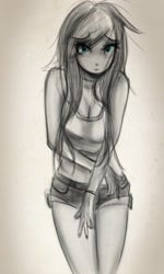 Size: 1152x1920 | Tagged: safe, artist:crutonart, fluttershy, human, anime, belly button, cleavage, clothes, female, grayscale, humanized, looking at you, midriff, monochrome, shorts, shy, solo, tanktop