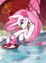 Size: 800x1098 | Tagged: safe, artist:ciciya, derpibooru import, part of a set, fleur-de-lis, pony, unicorn, bathing, beautiful, cherry blossoms, female, flower, flower in hair, mare, outdoors, pixiv, sake, seasons, solo, spring, umbrella, water