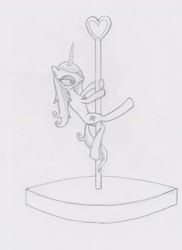 Size: 2042x2806 | Tagged: safe, derpibooru import, fleur-de-lis, pony, unicorn, black and white, female, grayscale, mare, monochrome, pencil drawing, pole dancing, simple background, traditional art, white background