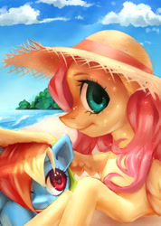 Size: 2457x3456 | Tagged: safe, artist:my-magic-dream, derpibooru import, fluttershy, rainbow dash, pegasus, pony, beach, duo, duo female, female, hat, straw hat