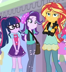 Size: 917x1002 | Tagged: safe, screencap, pinkie pie, rarity, sci-twi, starlight glimmer, sunset shimmer, twilight sparkle, equestria girls, mirror magic, spoiler:eqg specials, bag, beanie, bowtie, clothes, cropped, crossed arms, eyeshadow, female, frown, geode of empathy, geode of telekinesis, glasses, hands behind back, hat, jewelry, kneesocks, lidded eyes, looking at you, magical geodes, magical trio, makeup, messenger bag, necklace, offscreen character, ponytail, ripped pants, satchel, skirt, socks, trio, trio female, unamused, wide eyes, worried