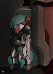 Size: 1146x1600 | Tagged: safe, artist:php49, derpibooru exclusive, derpibooru import, pony, armor, bipedal, carbine, hoof hold, scared, solo, spacesuit, tentacles, weapon, wide eyes