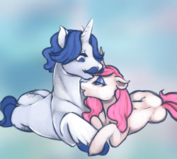 Size: 1280x1148 | Tagged: safe, artist:ronniesponies, derpibooru import, fancypants, fleur-de-lis, unicorn, bedroom eyes, cuddling, cute, eye contact, eyeshadow, fancyfleur, female, floppy ears, holding hooves, makeup, male, on side, open mouth, shipping, size difference, smiling, snuggling, straight