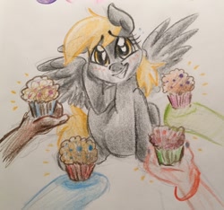 Size: 1280x1200 | Tagged: safe, artist:kluzart, derpy hooves, pegasus, pony, blushing, cute, female, food, hand, mare, muffin, simple background, smiling, solo focus, spread wings, traditional art, wings