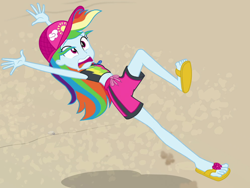 Size: 850x640 | Tagged: safe, derpibooru import, rainbow dash, better together, equestria girls, forgotten friendship, belly button, clothes, feet, flip-flops, geode of super speed, magical geodes, sandals, shorts, swimsuit, tripping