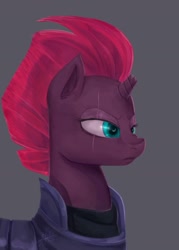 Size: 1001x1401 | Tagged: safe, artist:riukime, tempest shadow, pony, unicorn, my little pony: the movie, armor, broken horn, eye scar, female, frown, mare, scar, simple background, solo