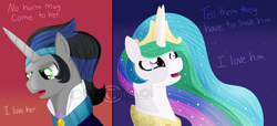 Size: 900x410 | Tagged: safe, artist:okamiiaoi, king sombra, princess celestia, alicorn, pony, unicorn, spoiler:comic, celestibra, female, good king sombra, male, mirror universe, scene interpretation, shipping, straight, watermark